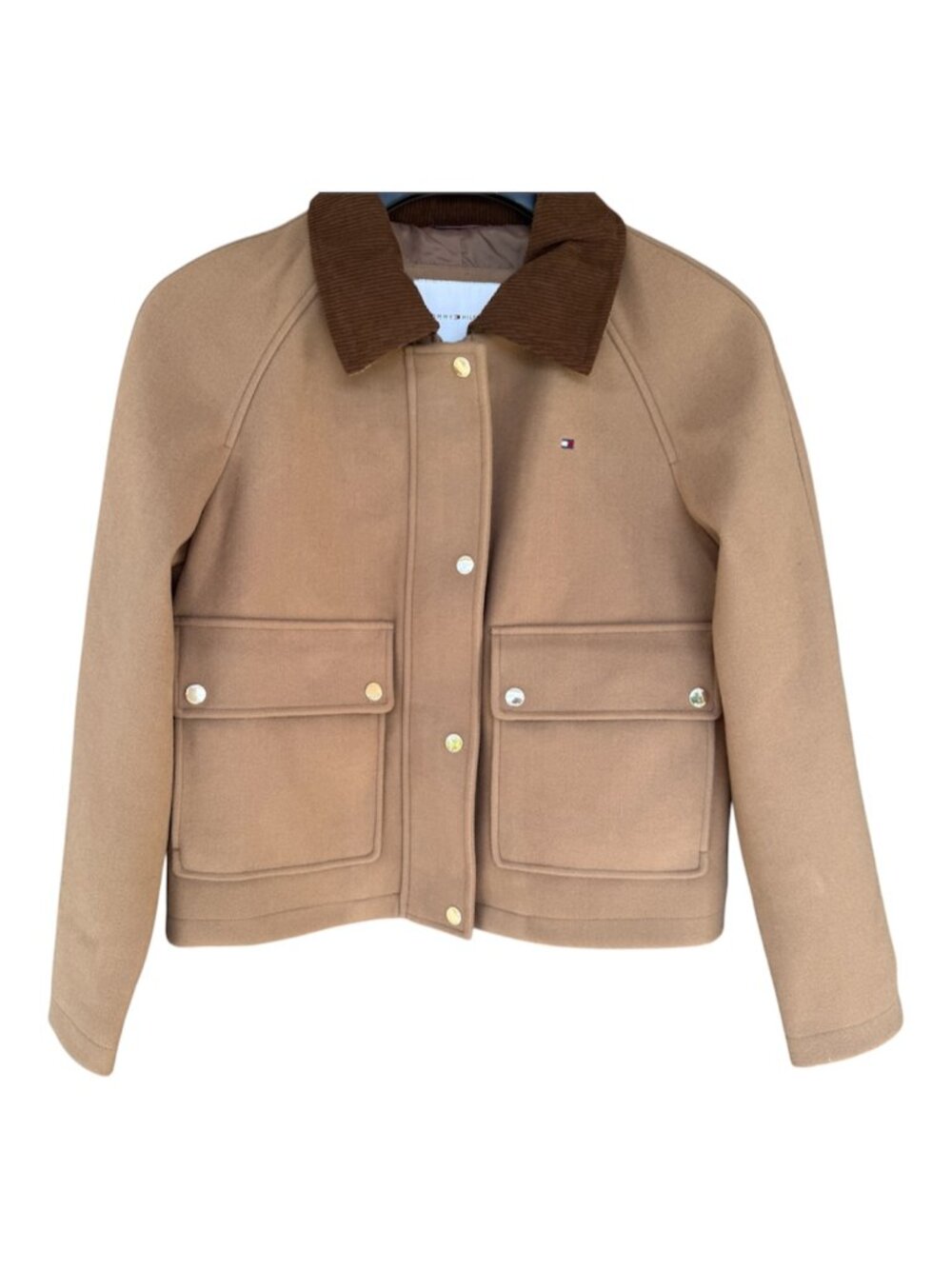 TOMMY HILFIGER Cropped Barn Jacket Women's Med Plaid Detail Pockets Collar NWT